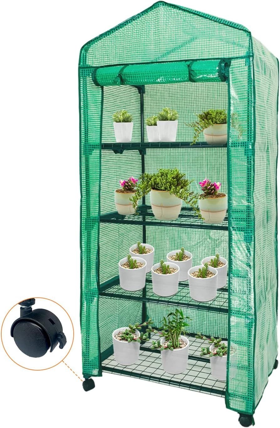 Mini Greenhouse,4 Tier Small Portable Greenhouses Kit with Caster Wheels and Roll-up Zipper PE Cover Mini Greenhouse,4 Tier Small Portable Greenhouses Kit with Caster Wheels and Roll-up Zipper PE Cover